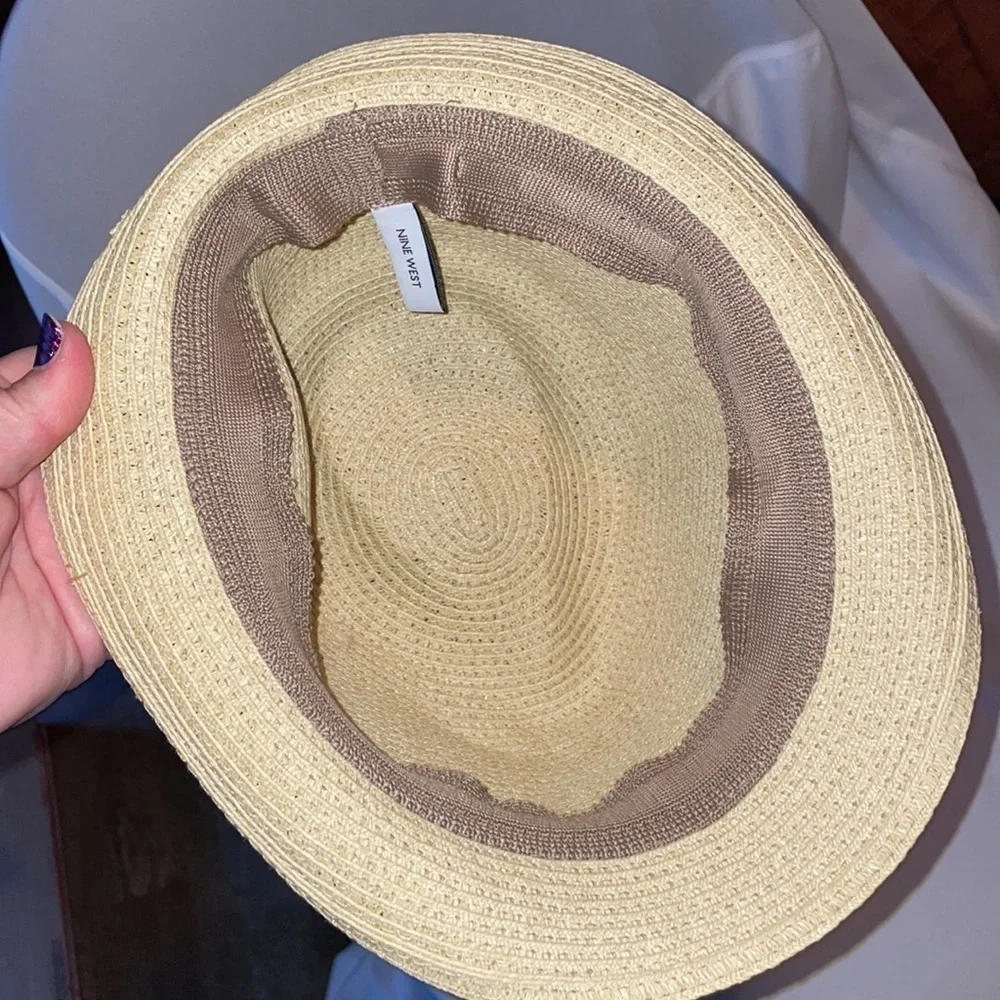 Nine West Straw Fedora Hat with Bead Tassel Charm Details Tan